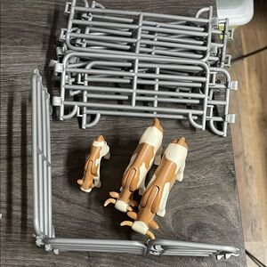 Brown and White Toy Cows with Gray Farm Fencing Set